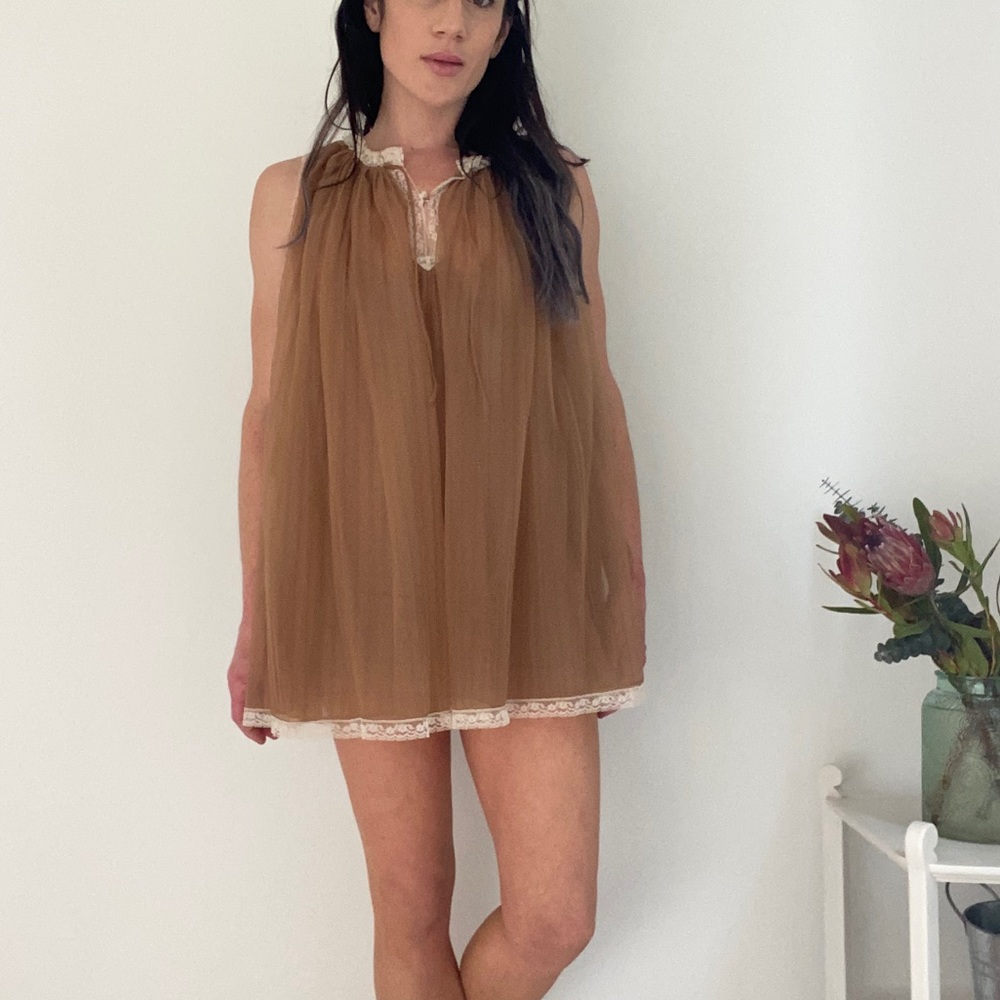 Vintage Evette Taupe Nighty & Bloomers with Cream Lace Trim